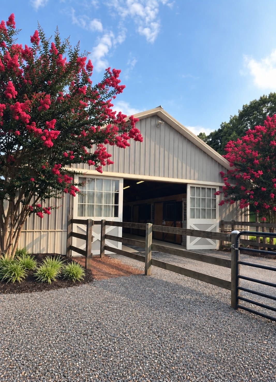 Westbrook Farm barn with blooming crape myrtle trees